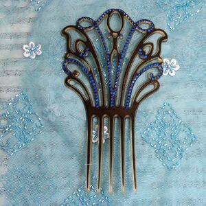Antique Blue Rhinestone Black Hair Comb